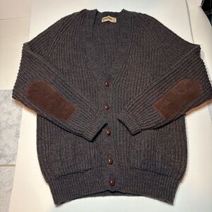 Vintage Wool Button Down Ribbed Cardigan with Suede Elbow Patches